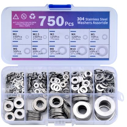 SZWLJ 750 Unidades De Arandelas Metálicas De Acero Inoxidable 304 | 9 Tamaños (M2/M2.5/M3/M4/M5/M6/M8/M10/M12) - Juego De Arandelas Para Tornillos, Diy Y Hogar