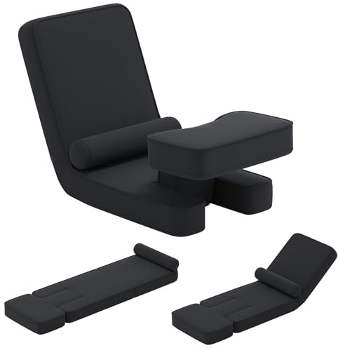 COSTWAY Folding Sofa Chair, Lazy Floor Sofa Bed with 5-Level Adjustable Backrest & Footrest and Bolster, Single Padded Lounge Sleeper Recliner Floor Chair Seat for Reading Gaming Meditation, Black