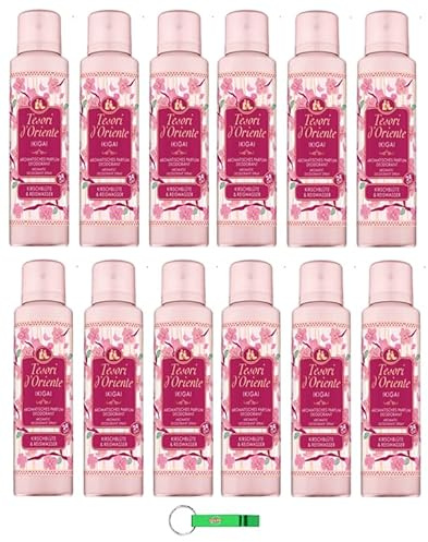 Tesori d'Oriente Deospray Parfum Ikigai 12 x 150ml, Deodorant Spray Deo Spray mit Kirschblüten und Reiswasser + Beni Culinari Kostenloser Schlüsselanhänger