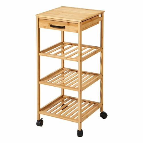 HowHomely Küchenwagen Servierwagen Rollwagen Küchenregal mit Rollen Bambus 4 Ebenen Küchentrolley mit Schublade Organizer Holz MDF