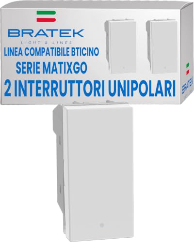 Bratek 2 Schalter kompatibel mit BTicino Matix Go – Schalter für Wandleuchte, einpolig, schwenkbar, weiß, ersetzt JW4001 x Halterungen B Ticino MatixGo - Made in Europe, beleuchtbar, LED nicht im