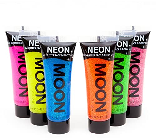 Moon Glow - Neon 6x12ml UV Glitter Gel Bodypaint Körpermalfarben Schwarzlicht fluoreszierende Schminke Bodypainting Neon Farben Leuchtfarben
