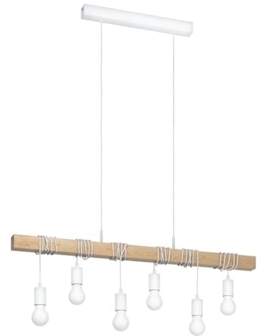EGLO Pendellampe Townshend, 6 flammige Vintage Pendelleuchte im Industrial Design, Retro Hängelampe aus Stahl und Holz, Farbe: Weiß, braun, Fassung: E27
