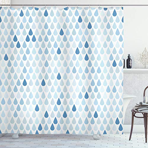 ABAKUHAUS Bleu et Blanc Rideau de Douche, Gouttes de Pluie Blanc Marine, Tissu Ensemble de Décor de Salle de Bain avec Crochets, 175 cm x 220 cm, Bleu pâle
