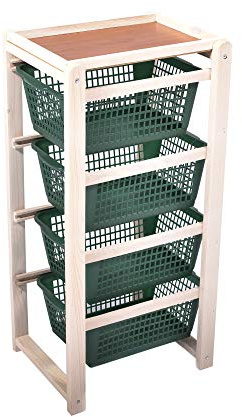 Carrello salvaspazio, cucina, legno naturale chiaro, 4 cestelli in polipropilene, portafrutta 38x32x82h