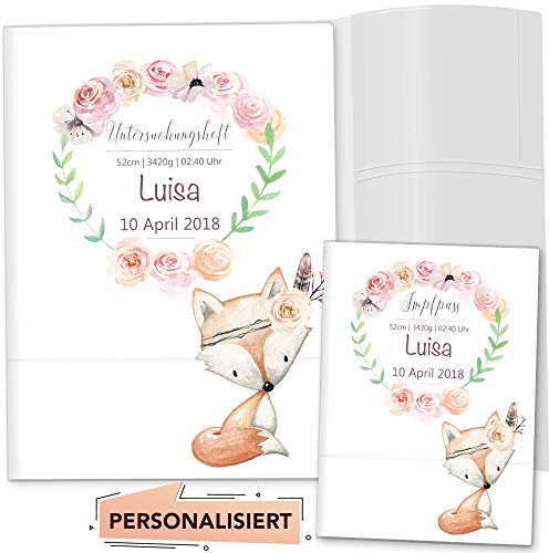 OLGS Personalisierbares U-Heft und Impfpasshüllen 3-teiliges Set Cute Boho Untersuchungsheft Hülle & Impfpasshülle mit Namen und Geburtsdatum (Uhefthüllen Set personalisiert, Fuchs)