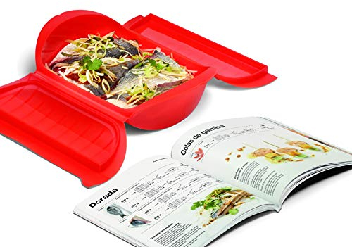 Lékué Kit Estuche de vapor, 3,4 personas + libro de recetas, Silicona platino Rojo, 1400 ml
