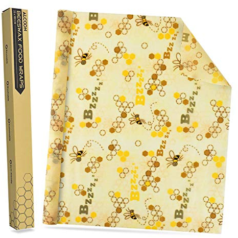 Alcoon Beeswax Food Wraps 1 Meter Roll 13 x 39 Inch Reusable Beeswax Wraps Eco-Friendly Sustainable Food Storage Wraps for Sandwich, Cheese, Fruit, Bread, Snacks (Bee Pattern)
