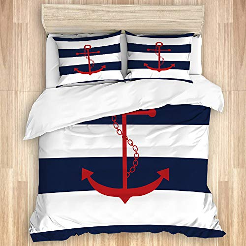 KASMILN Bettwäsche Set,Roter Anker nautischdruck auf Marine Blau und Weiß Streifen,1 Bettbezug 220x240cm+2 Kopfkissenbezug 50x80cm
