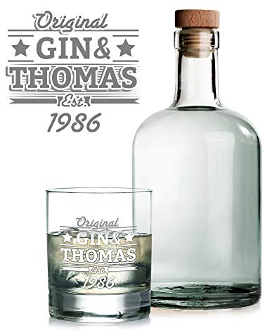 AMAVEL Verkostungsset für Gin mit Glasflasche, Gin-Set mit luftdichtem Stopfen und Tumbler, Personalisierte Gravur mit Namen, ca. 700 ml