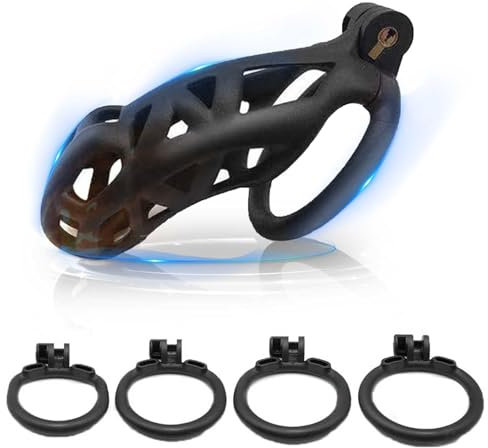 ChicLSQ Belüftung Peniskäfig Keuschheitsgürtel Set mit 4 Cockringe Klein Keuschheit Keuschheitskäfig Mann Bondage Extrem für Männer Keuschheit Penis Käfig Schwarz (XL)
