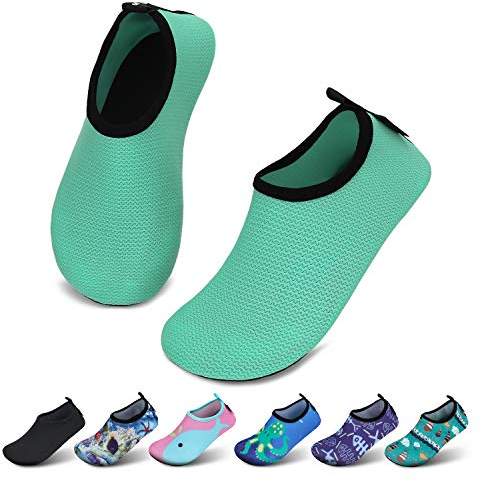 SAGUARO Kinder Badeschuhe Jungen Aquaschuhe Mädchen Schnell Trocknend Strandschuhe Atmungsaktiv Wasserschuhe Surf Yoga Neoprenschuhe,Grün Gewellt,Gr.32/33 EU