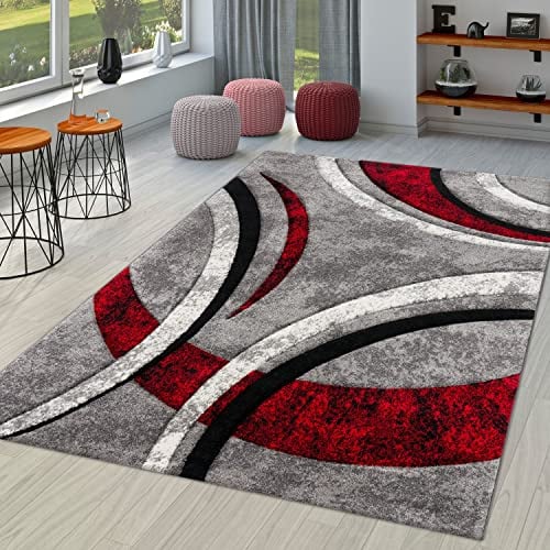 TT Home Wohnzimmer Teppich Kurzflor Abstrakt Geometrisch Design Used Look Modern, Farbe: Grau Rot Beige, Größe:240x330 cm
