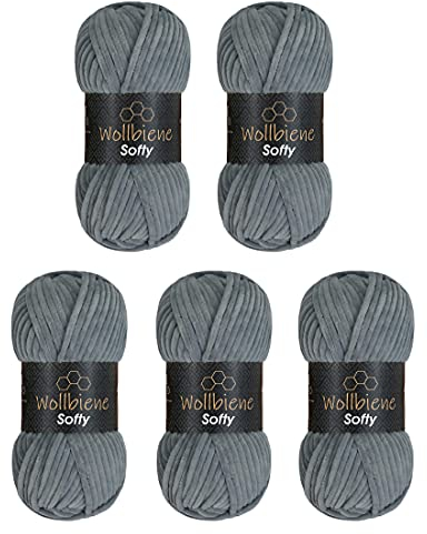 Wollbiene Softy 5 x 100 Gramm chenille wolle zum häkeln Strickwolle, Babywolle, 500 Gramm Chenille Wolle Super Bulky crochet yarn (dunkelgrau 78)