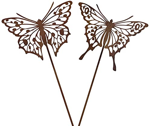 B2S BACK2SEASON 2 x Metall Stecker Schmetterling braun edel Gartenstecker Rost-Optik Tierfigur Blumenstecker Gartendeko H=77 cm 2er Set