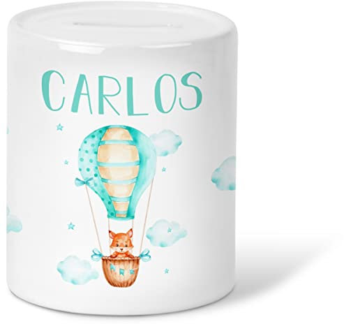 GRAVURZEILE Spardose für Kinder - Ballon Fuchs Design - mit Namen personalisiert - Geschenk für Jungen & Mädchen zum Geburtstag Kommunion Geburt Einschulung Weihnachten - Farbe: Spardose Blau