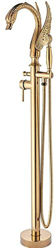 Gold Freestanding Bath Tap, Luxury Swan Tub Tap with Handheld Shower, Single Handle Tub Faucet Floor Mounted, Bath Shower Mixer Tap, Brass,B