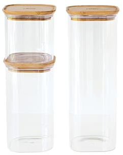 Pebbly - Set de 3 boîtes carrées en verre avec couvercle en bambou - 3 formats- Empilables, parfaites pour conserver ses aliments secs, céréales, amandes…