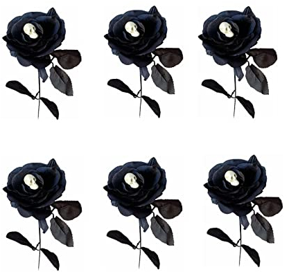HGUIM 6 Stück künstliche schwarze Rosen mit Totenkopf, 41 cm, Halloween-Rosenstrauß, Seidenrosen mit Stielen für Halloween, Party, Vase, Tisch, Heimdekoration