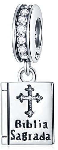 Heiliger Bibel Buch Anhänger Charms graviert Biblia Sagrada mit Kreuz, passt Pandora Weihnachten Armband, 925 Sterling Silber Gebet Bible Cross Perlen, Geschenk für Tochter/Tante Nichte/Cousin