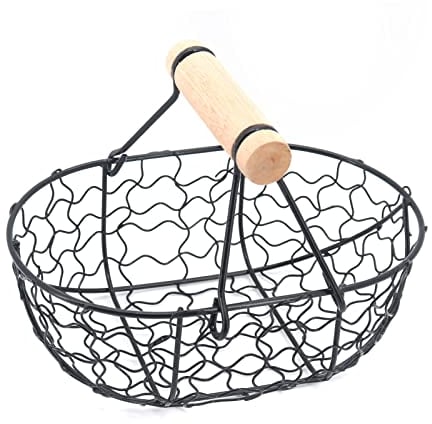 MoYouno Wire Egg Baskets, Metal Desktop Storage Basket,with Handle Iron Art Eggs Tray, Bread Basket Kitchen Desktop, for Carrying and Collecting Fruit Food (Black)