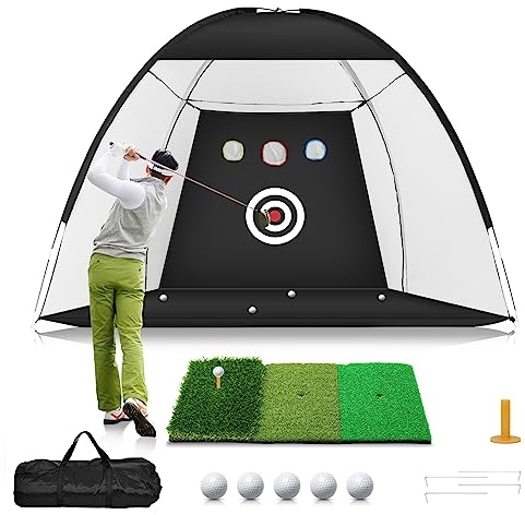 Golfnetz, 3 x 2,1 m, Golf-Übungsnetz mit Tri-Turf-Golfmatte, All-in-1, Heim-Golf-Schlaghilfe, Netze für Hinterhof, Fahren, Chipping, Schwungtraining mit Ziel/Matte/Bälle/Tee/Tasche – Geschenk für