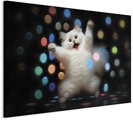 murando - Wandbilder XXL Hund lustig 90x60 cm 1 tlg - Wand Deko Leinwand Bilder Groß Wanddeko Wohnzimmer Schlafzimmer Kunstdrucke Bild tanzende Kätzchen Licht bunt g-H-10066-b-a