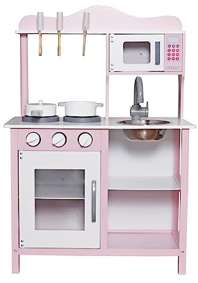 PEKECARS 10C40 Cocina de Madera Infantil para niños +3 años con Fregadero de Acero Inoxidable, microondas y Horno. Cocinita de Juguete (58,5x30x85cm) Blanca con perillas Que giran y Accesorios