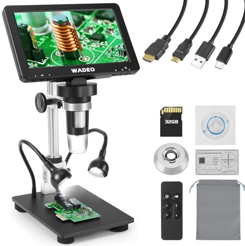 WADEO 7'' Microscopio Digitale LCD 50-1200X, 1080P Microscopio USB con Supporto in Metallo, Luci LED, Uscita HDMI per TV/PC, Compatibile Windows/Mac, Scheda 32GB