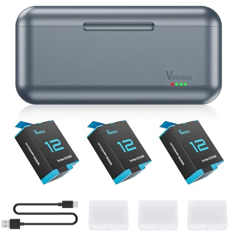 Vemico Hero 12 Akku Ladegerät Kit 3 x 1800mAh Hero11 akku Typ-C LED 3-Kanal Ladegerät AHDBT-901 für Hero 9 Black/Hero 10 Black/Hero 11 Black/Hero 12 Black