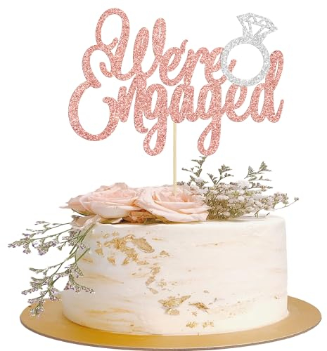 Gyufise 1Pc We're Engaged Cake Topper with Ring Glitter Bridal Shower Cake Pick Decorations for Wedding Engagement Theme Party Cake Decorations Rose Gold