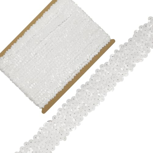 Länge 10 Yards, Breite 1,1 Zoll, weißes elastisches Pailletten-Bordürenband zum Nähen von Kleidern, Tanzkostümen, Stirnbändern (Weiß-A-30mm)