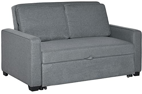 HOMCOM 2 Seater Pull Out Sofa Bed, Fabric Click Clack Sofa Bed with Wood Legs, Convertible Sleeper Couch for Living Room, Guest Room, Grey