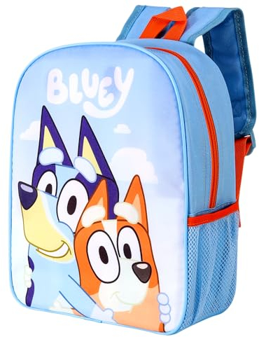 Bluey Mochila escolar para niños y niñas, con bolsillo lateral de malla, multicolor, M