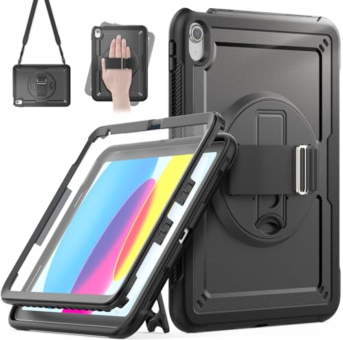 timecity Funda para iPad (A16) 11./10.ª generación 11/10.9 pulgadas 2025/2022, a prueba de golpes, con protector de pantalla, correa de mano, soporte giratorio de 360°, soporte para bolígrafo, para
