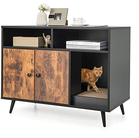 GYMAX Mobile per Lettiera per Gatti, Mobile Lettiera Gatto con Armadietto a Doppia Anta e Gambe in Metallo, 2 Scomparti e Tappetino, Casetta per Gatti da Interno, 90 x 50 x 70 cm