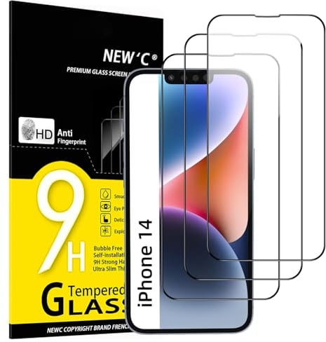 NEW'C Paquete de 3, Cobertura total Protector de pantalla para iPhone 14,iPhone 13,iPhone 13 Pro (6,1 Pulgadas), película de vidrio templado borde negro - Ultra Resistente - Efectivo contra Rayones
