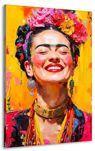 Kunstgestalten24 | Frida Kahlo Lacht Abstrakt Modern Leinwand-Bild | mit Echtholz-Keilrahmen | Leinwandbild Wandbild Kunst Art Gemälde | Hochwertige Kunstdrucke | 60x90cm, 2cm Rahmentiefe