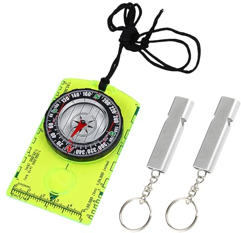 1 st fluorescerande grön kompass och 2 stycken silvervisselpipa, utomhustillbehör, vandringskompass, minikompass, campingutrustning, barnkompass, bärbar kompass