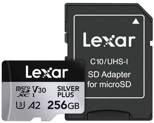 Lexar Scheda di memoria professionale Silver Plus microSDXC da 256 GB con adattatore SD, UHS-I, C10, U3, V30, video Full HD e 4K, fino a 205/150 MB/s in lettura/scrittura, per videografi e giocatori