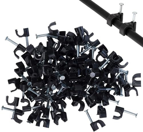 100 PCS 10mm Round Cable Clips, Wire Clips Round, Cable Tacks Wire Tidy Clips Management Cable Tidy Clips Electrical Cable Wall Clips Tacks Holder Cable Pins Clip with Steel Nail (Black)