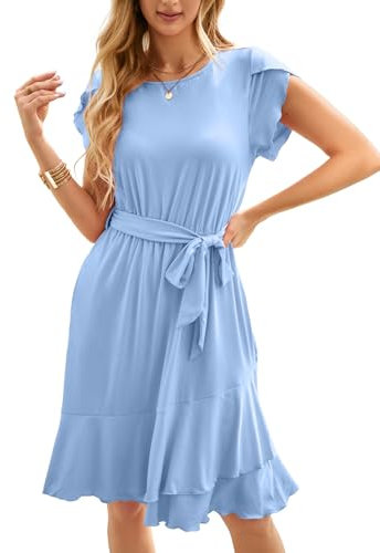 IFFEI Sommerkleid Elegante Kleider Damen Damen Leicht Boho Blumenkleider Kurz Rüschen Strandkleid mit Gürtel Hellblau XL
