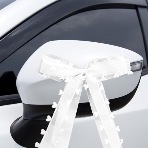 30 Stück Autoschleifen Hochzeit,Autoschmuck Hochzeit Auto Deko Hochzeit Schleifenband,Weiß Antennenschleifen mit Herzen für Party Geburtstag Geschenverpackung.Hochzeitsschleifen fürs Auto