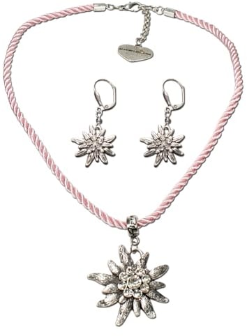Alpenflüstern Costume Jewellery Set Cord Costume Necklace and Earrings Rhinestone Edelweiss – Women's Costume Jewellery, Costume Set Dirndl Necklace and Costume Earrings (Pink-Rose) SET021, Zinc