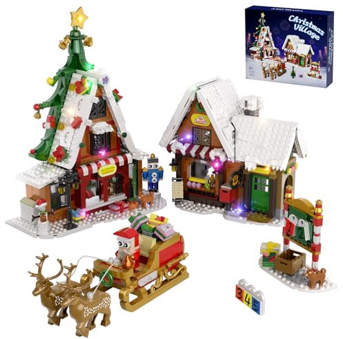 Millionenspring Weihnachtsdorf Bausatz mit geführten Lichtern, Weihnachtsmann Schneemann und Rentier, Kinder Boyfriends Erwachsene und Familien 1418PCS