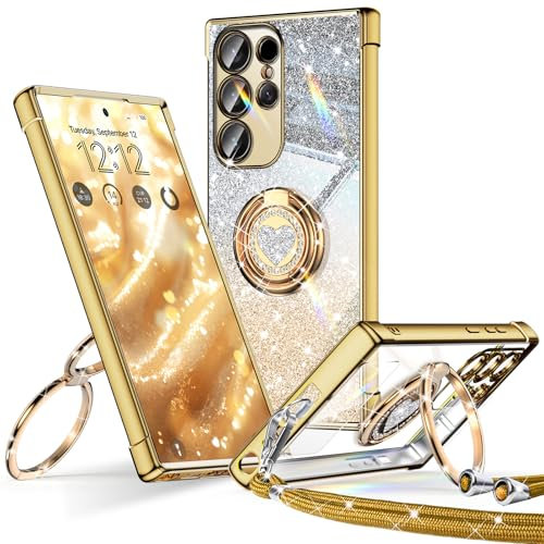 XYZ für Samsung Galaxy S23 Ultra Hülle mit Band, Herzen Doppelring Ständer Luxus Glitzer HandyHülle, Frauen Stoßfest Elektroplattiert Soft TPU SchutzHülle Clear Samsung S23 Ultra Case,Gold