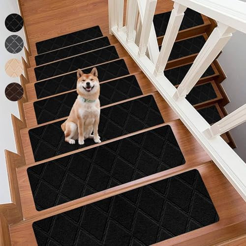 Hearda Pisadas Antideslizantes para Escalones de Madera, Diamante Jacquard Alfombra Vinilica da 15 Piezas, Alfombra Escaleras Lavable Antideslizante, para Escaleras Giratorias (Negro,15 pc)