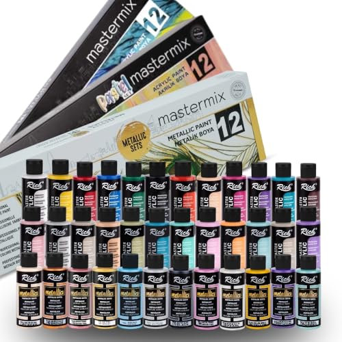 Rich Mastermix Acrylfarben-Set - 36 Farben (12 klassische, 12 Pastell-, 12 Metallic-Farben) je 60 ml - Hochwertige Acrylfarben für Malerei, Leinwand, Kunst & Bastelprojekte, Wasserfest und Lichtecht