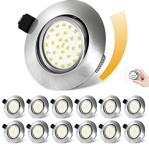 fosfor LED Einbaustrahler 230V Dimmbarer, 25mm Einbautiefe, 600LM, IP44 Spritzwassergeschützt, 5W Ersetzt 50W Halogenstrahler, 12er Set, für Küche, Badezimmer, Wohnzimmer (Neutralweiß 4500K, Silber)