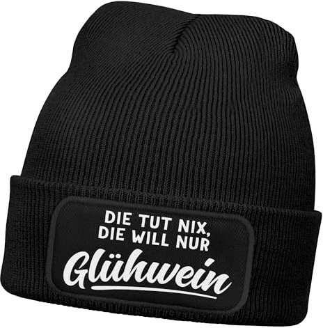 MoonWorks® Damen Beanie mit Patch Strickmütze mit Spruch Glühwein Aufdruck Lustig Damenmütze